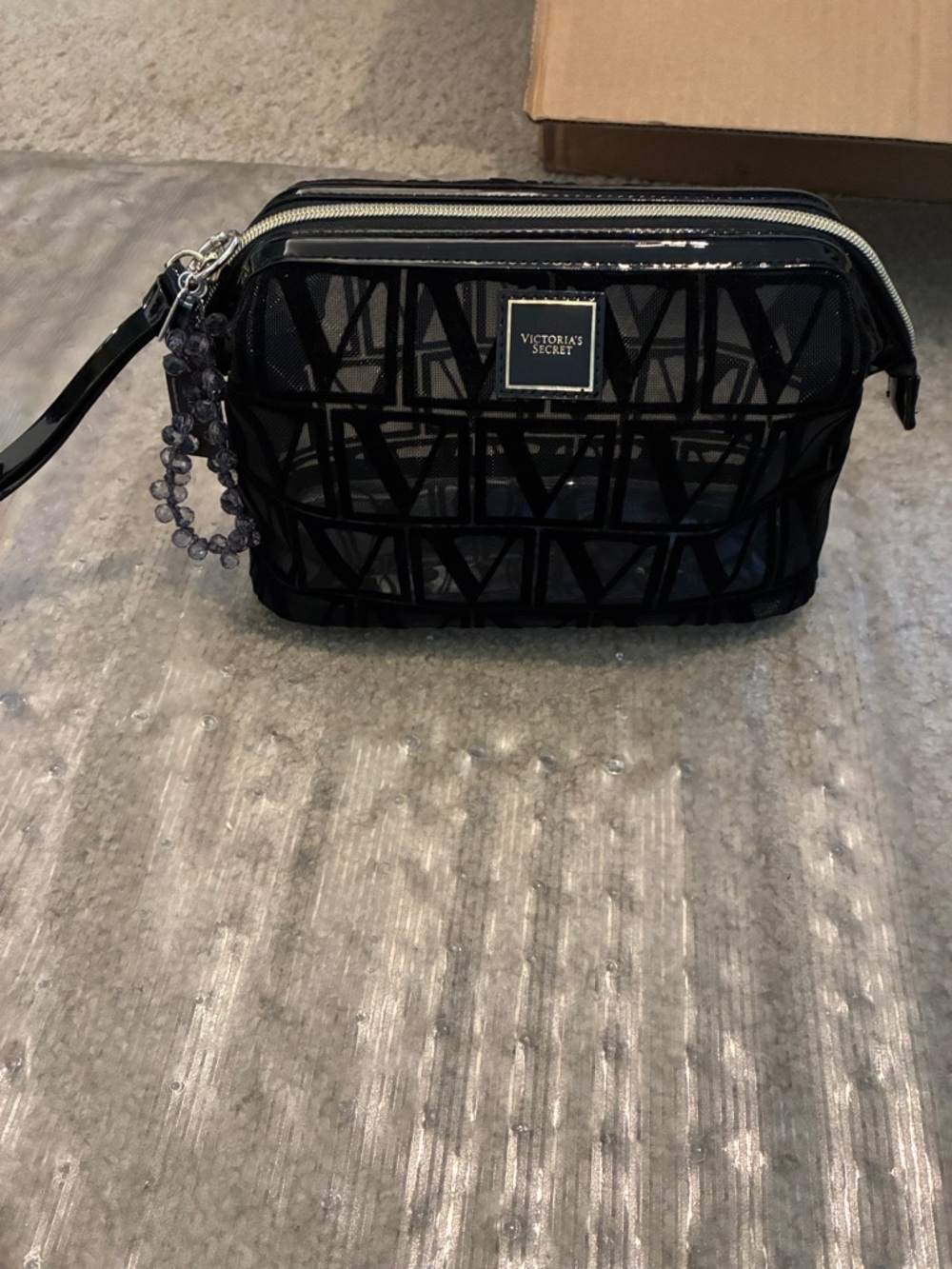 Victoria's Secret Black Geometric cosmetic bag with Beaded Strap